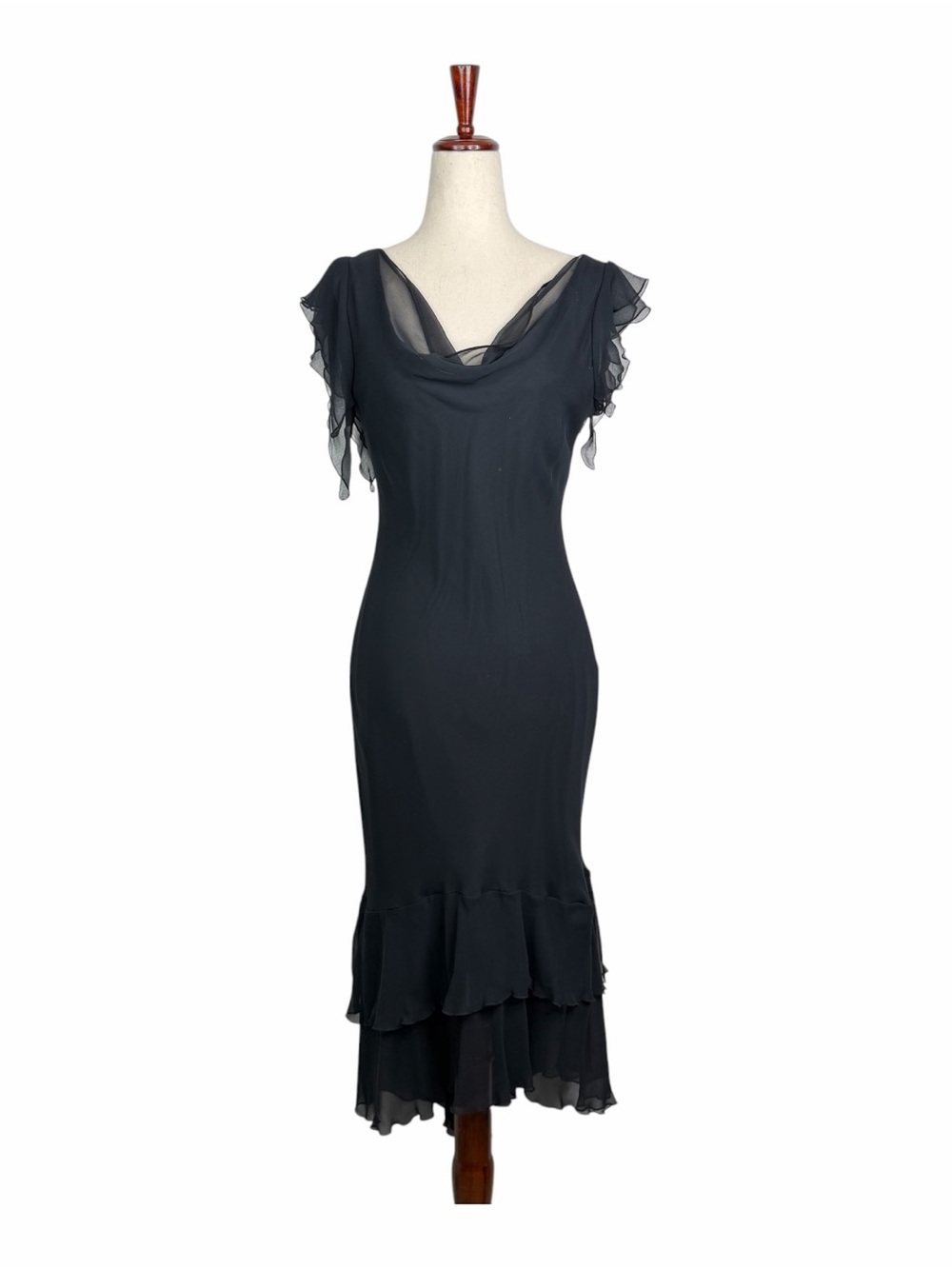 ABS Allen Schwartz VTG Y2K Black Chiffon Dress Ruffle Hem Whimsigoth Romantic 8P
